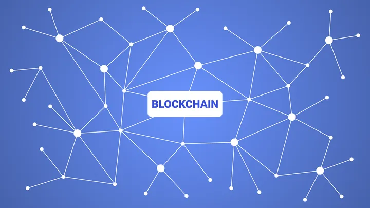A network of connected nodes representing a distributed blockchain ledger
