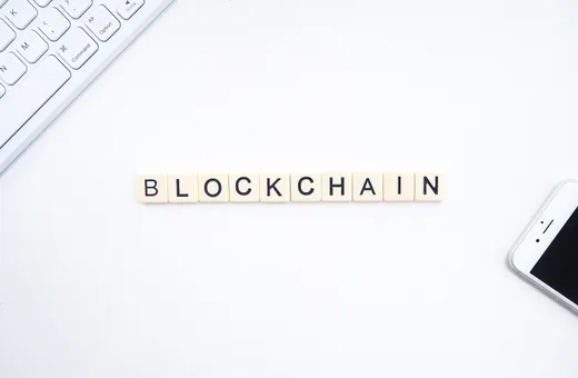 Abstract chain of connected blocks in a cool colour palette