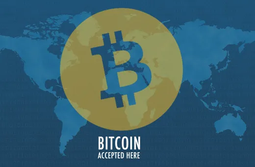 A stylised Bitcoin symbol over a world map rendered in binary digits