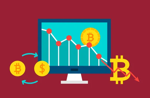 Illustration of cryptocurrency coins and market data on a screen