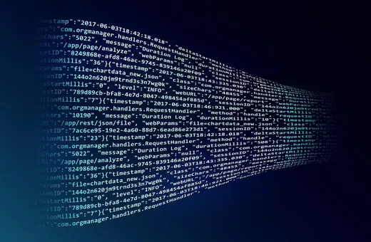 Streams of structured JSON data receding into a dark blue field